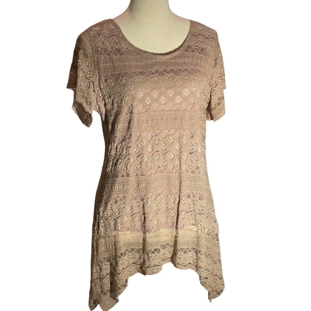 Shannon Ford New York Pale Taupe  Lace Top Shark Bite Hem Women size XL